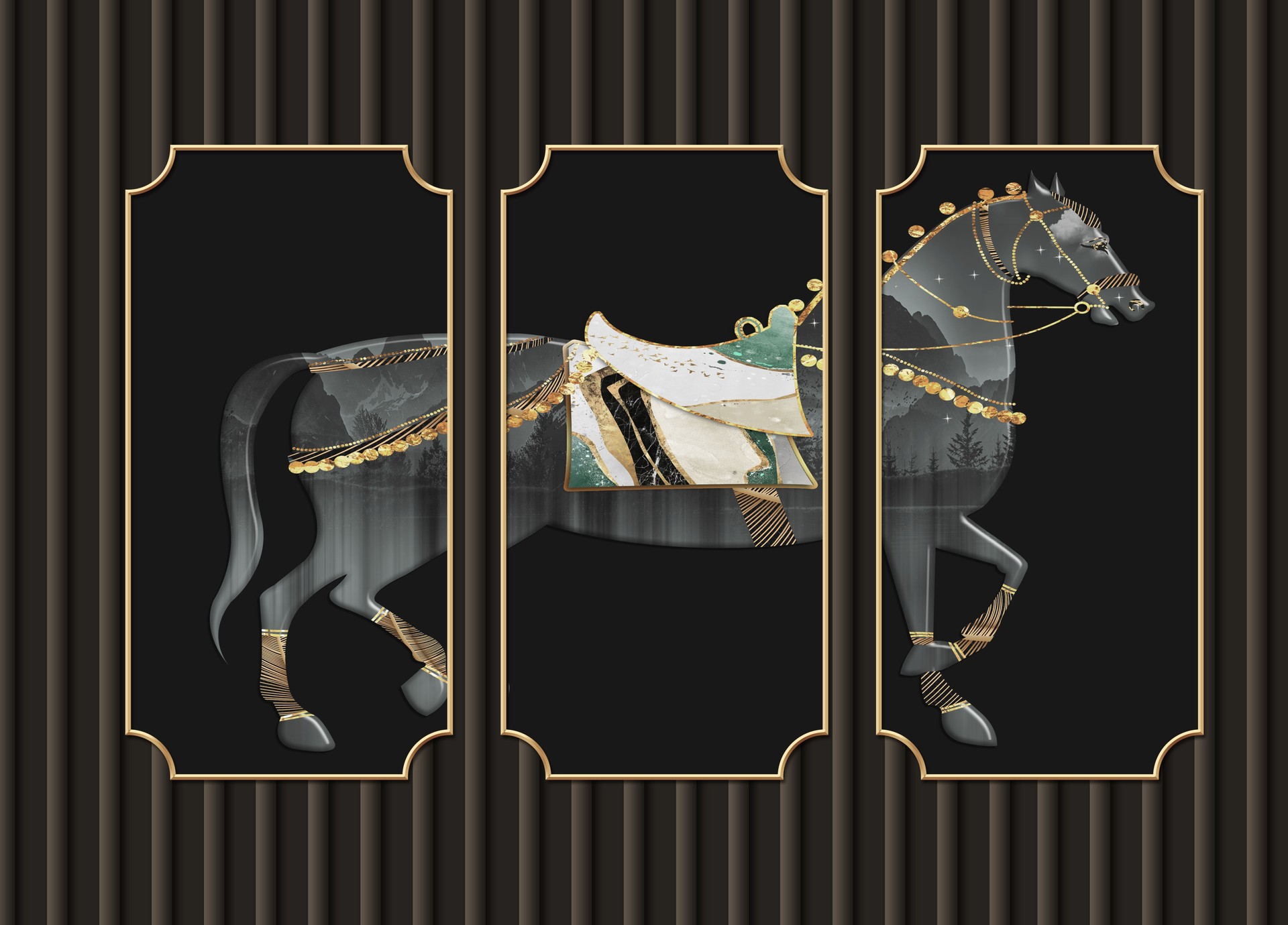 Carta da parati murale illustrazione 3d . Sfondo nero e cavallo in cornici. per la casa a parete decorativa